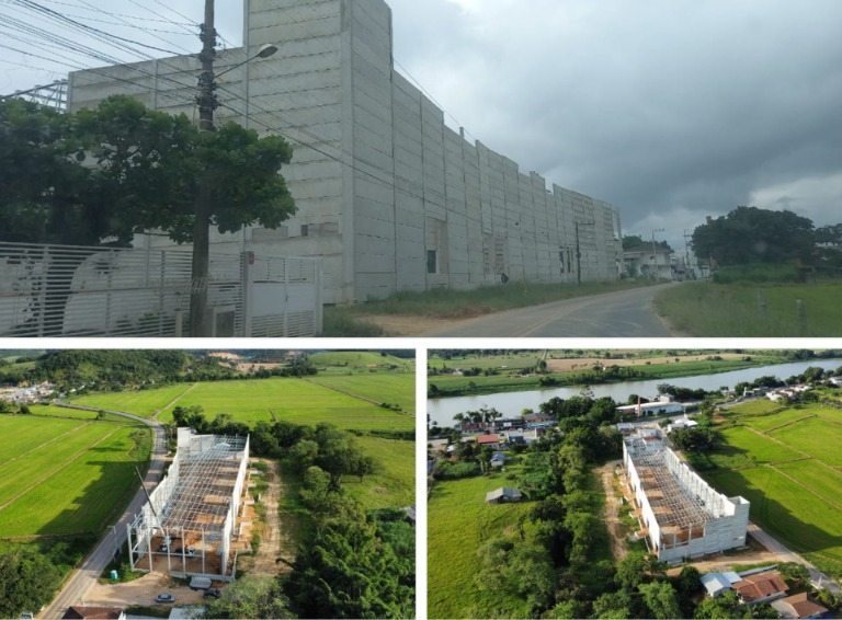 Armazém da Trevo Logística Integrada em construção em Ilhota - SC, vista aérea da estrutura metálica