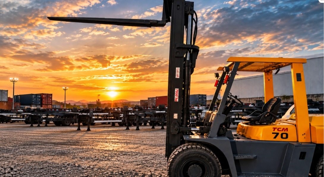 Empilhadeira amarela operando entre contêineres ao pôr do sol