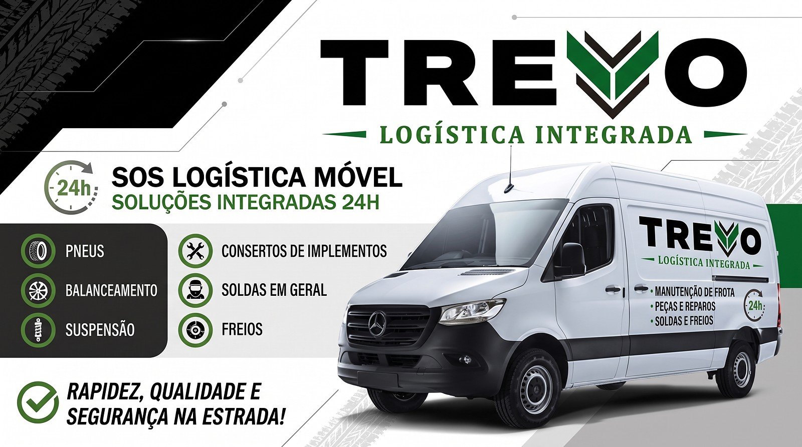 Banner da SOS Logística Móvel: van de atendimento Trevo com serviços de pneus, balanceamento, suspensão, consertos de implementos, soldas e freios