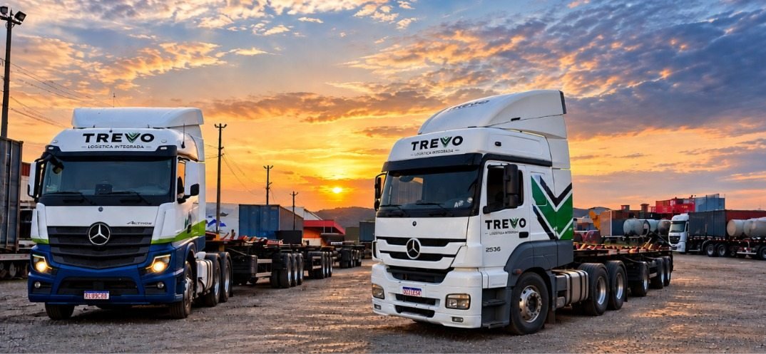 Dois caminhões da Trevo Logística Integrada estacionados entre contêineres ao entardecer
